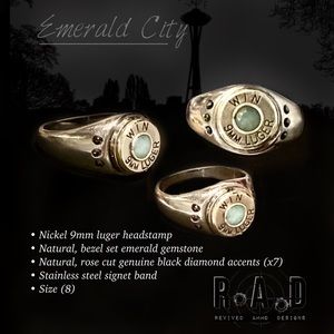SOLD 9mm emerald + diamond stainless ring
